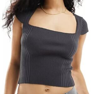 ASOS Design Knitted Square Neck Fitted Cap Sleeve Top in Charcoal, Size M​​​​